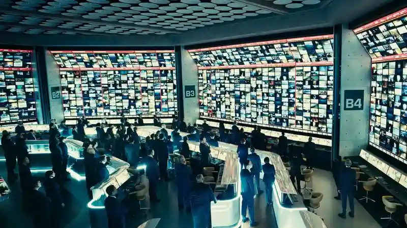People watching the global disclosure on massive screens in the control room in Disclosure Day