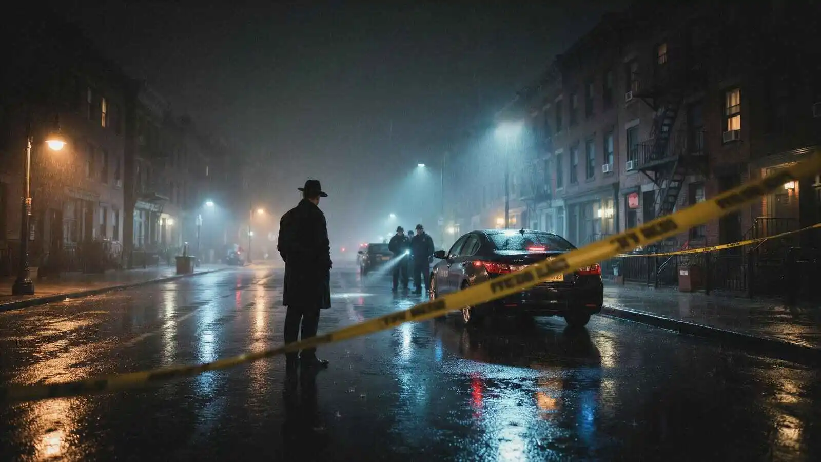 Rainy nighttime crime scene representing the crime thriller movie genre