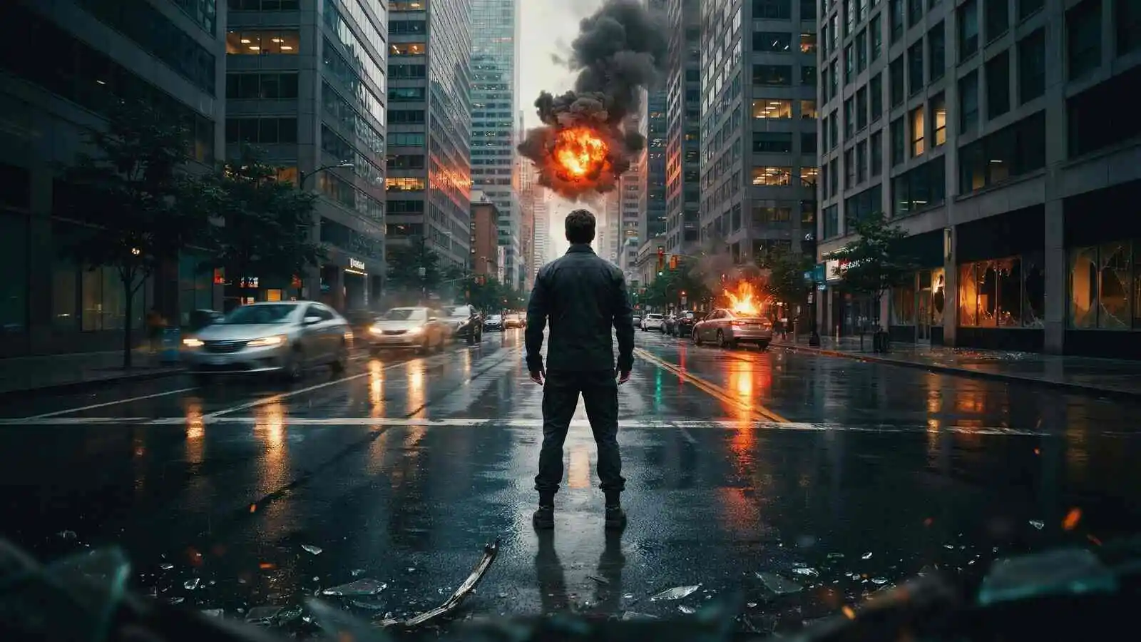 Action movie scene with a man facing explosions on a city street