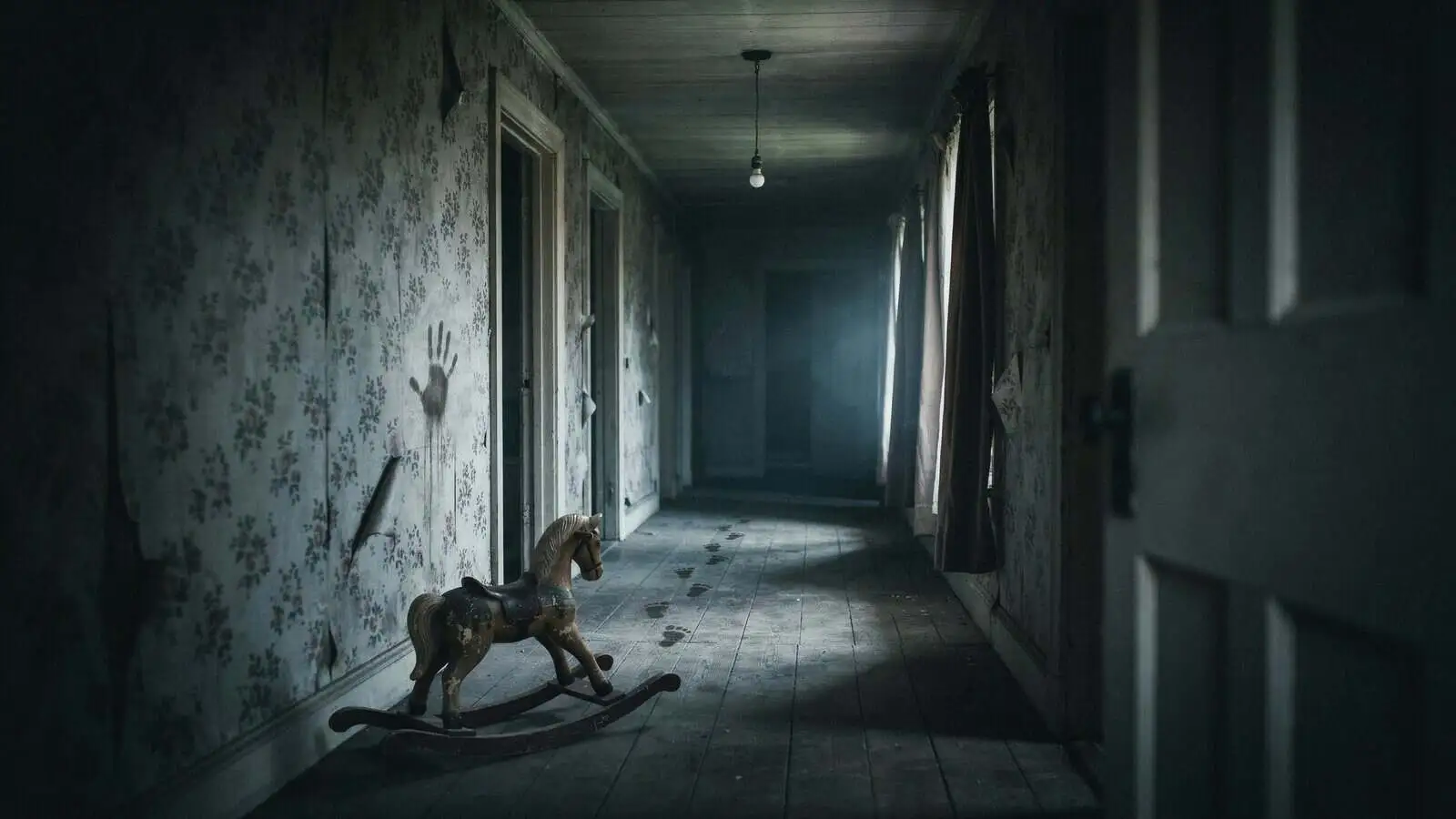 Dark abandoned hallway with a rocking horse representing the horror movie genre