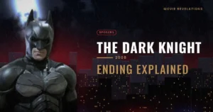 The Dark Knight ending explained: Batman against a rainy night city skyline